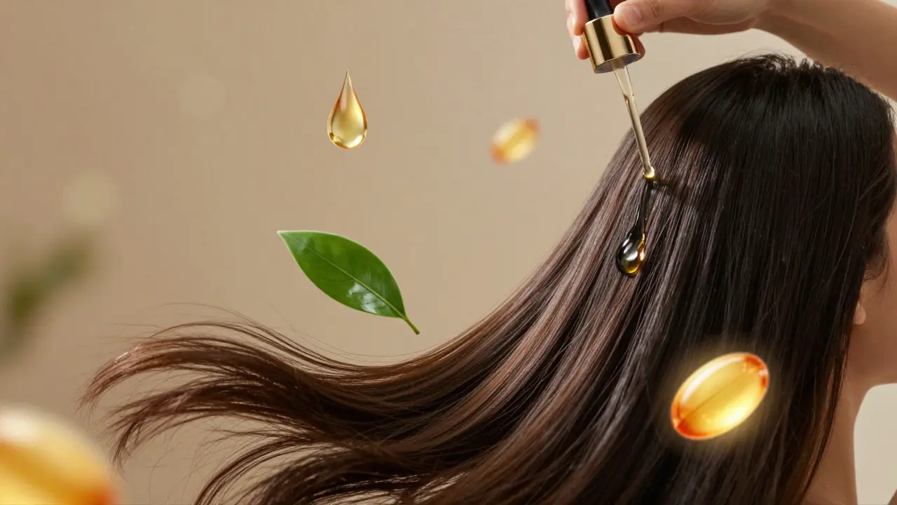 Rukou se nalévá lesklá maska na vlasy, kolem plavají symboly hyaluronové kyseliny a přírodních olejů.