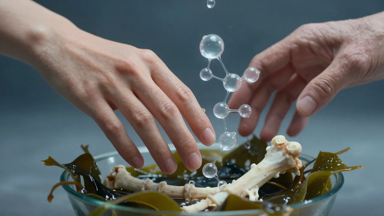 Ruky s mladou a stáří kůží, s molekulami kolagenu stoupajícími z rybích kostí a vody.