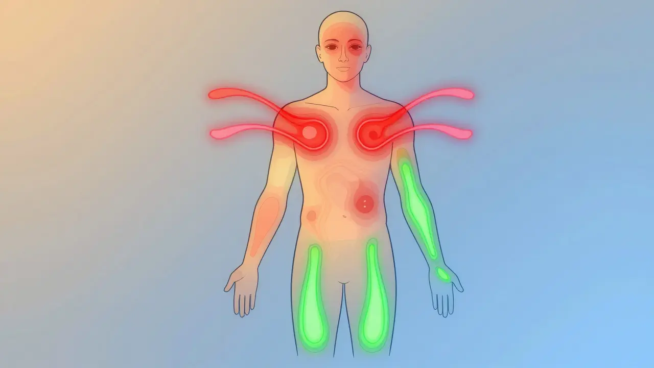 Schéma těla zobrazující bezpečné a nebezpečné zóny pro světelné ošetření