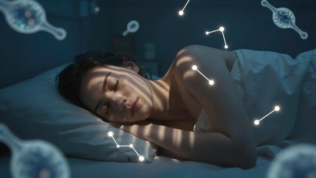 Spící člověk s jemnými světelnými cestami imunitních buněk kolem těla v měsíčním světle.