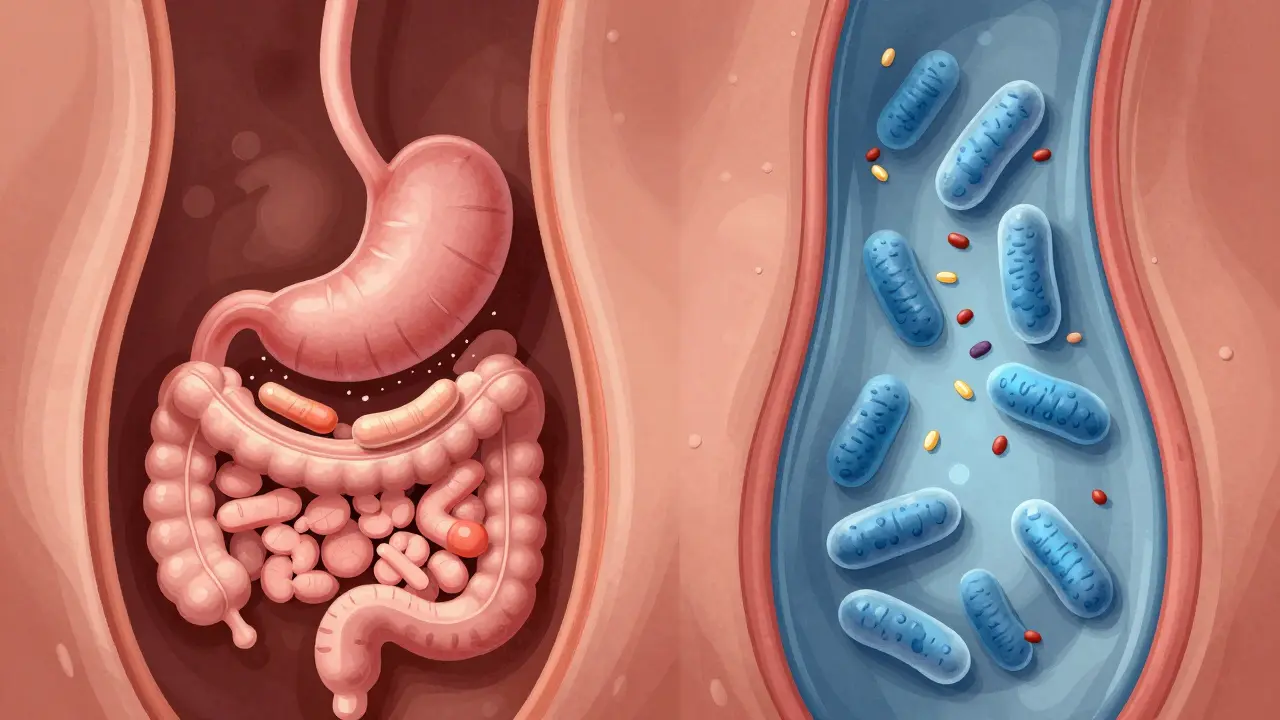 Srovnání cesty probiotik v žaludku: zničené bakterie vs. chráněné přes tuky a vlákninu.