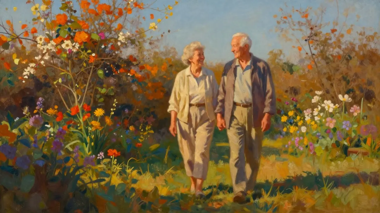 Starší pár prochází zahradou při západu slunce, symbolizuje dlouhověkost a zdraví.