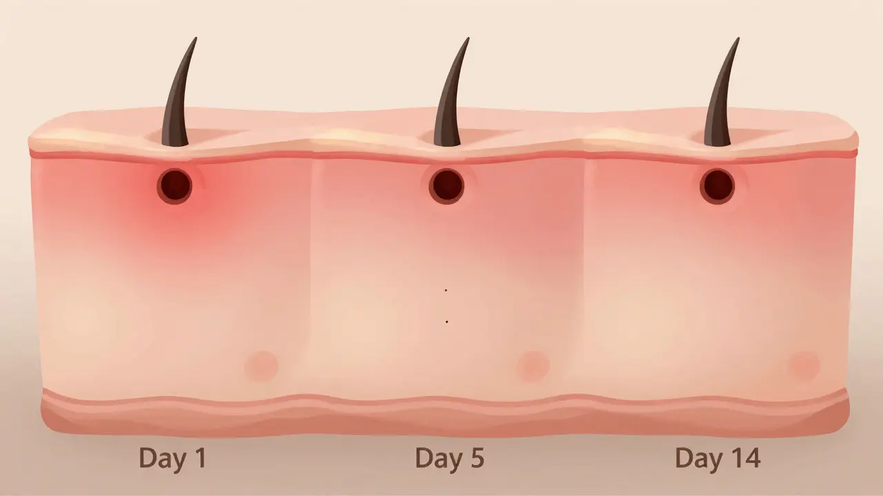 Tři fáze hojení kůže po laseru: červenost, vysouvání černých bodků, hladká pokožka.