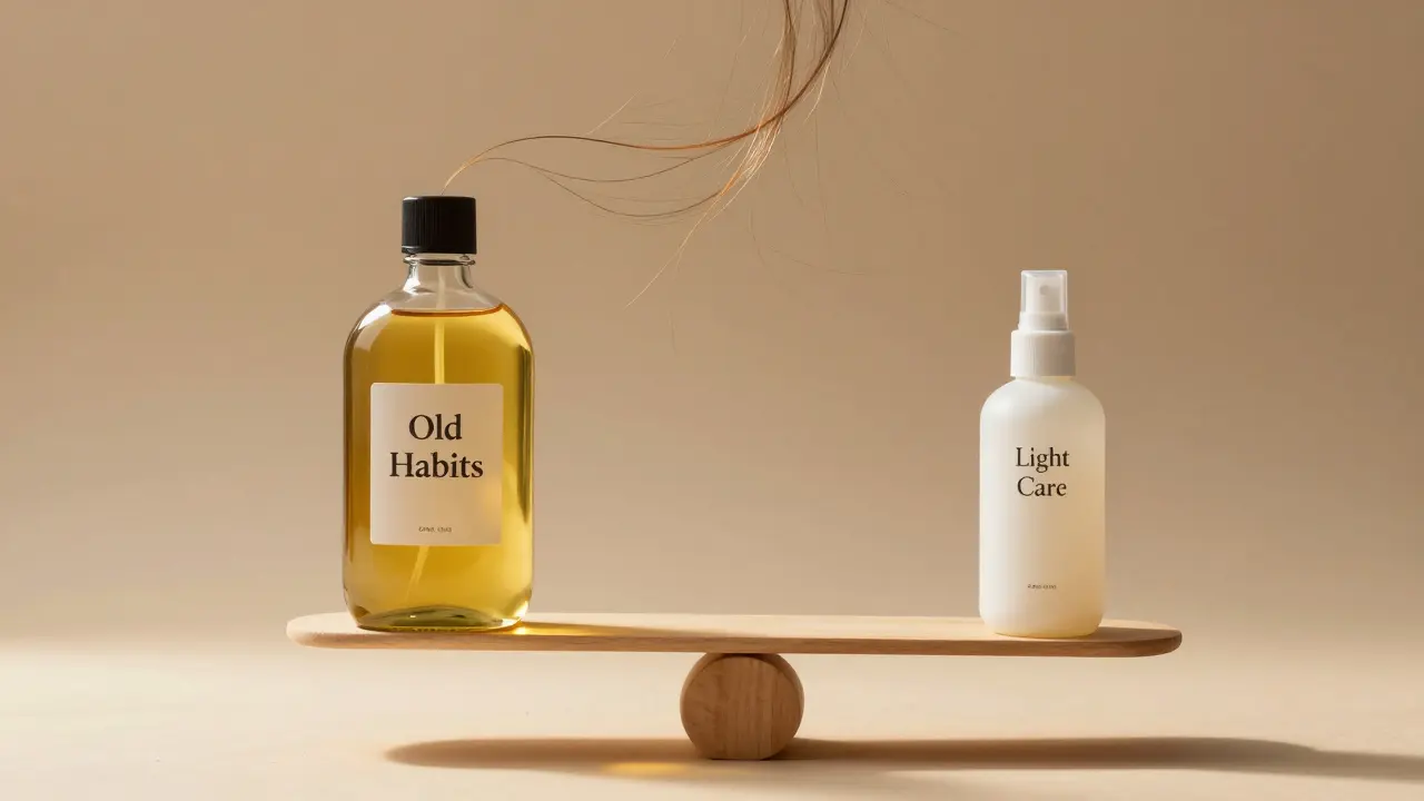 Váha s těžkými a lehkými produkty, jemné vlasy plavou volně ve vzduchu.