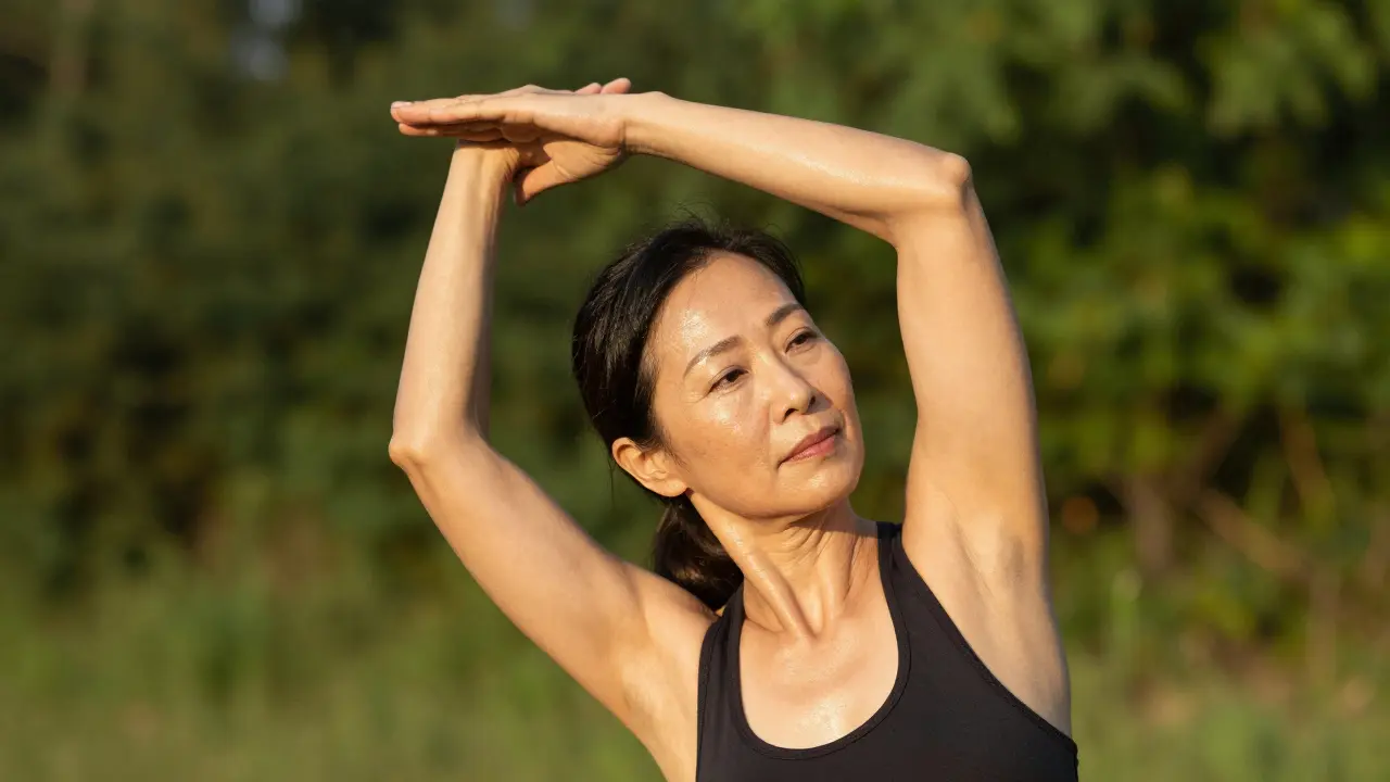Zdravá žena protahuje ruce venku, projevuje pružnou pleť a silné klouby.