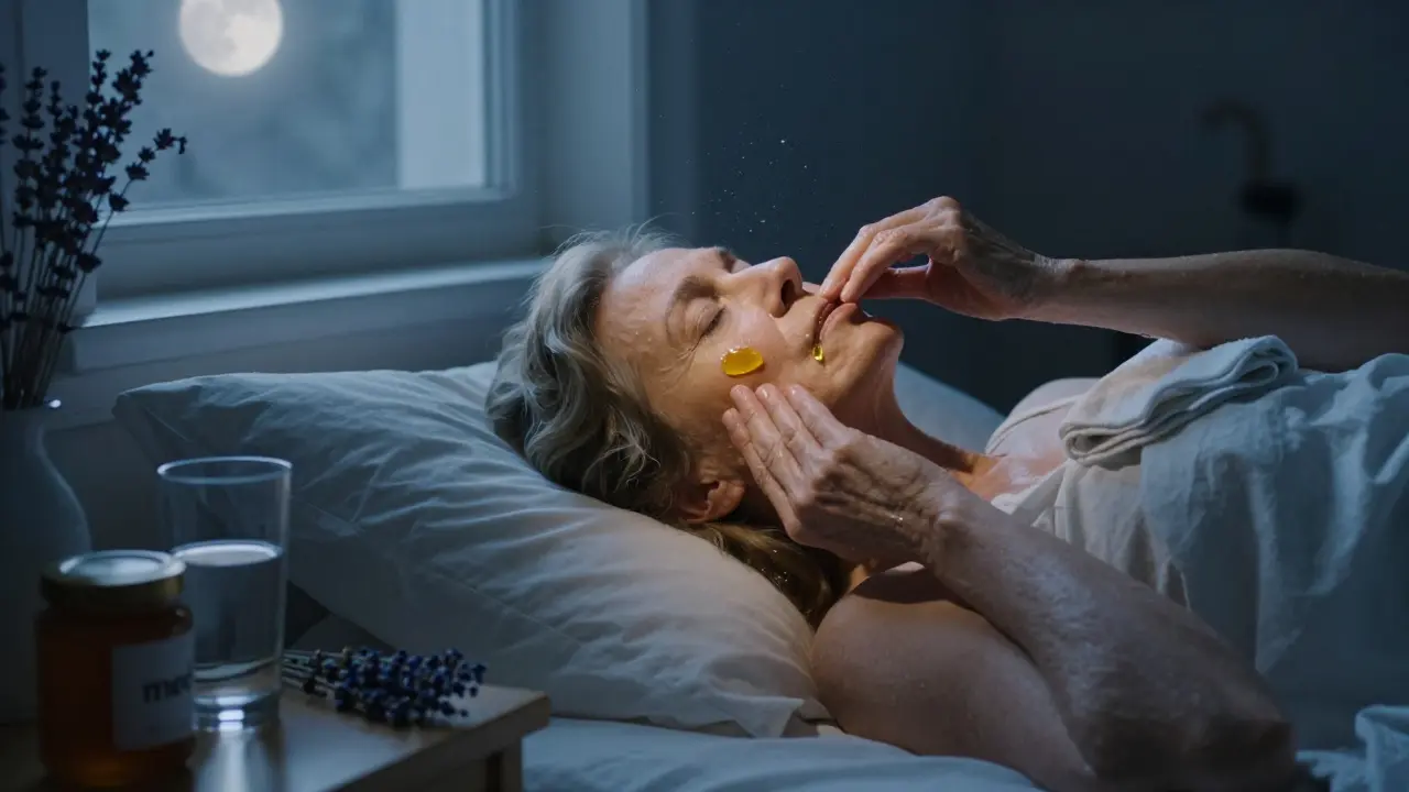 Žena spí s mokrým kapesníkem vedle hlavy a jemně masíruje olivový olej do pleti v měsíčním světle.