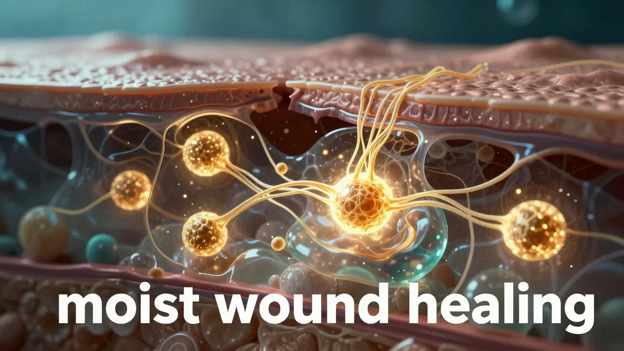 3D vizualizace procesu regenerace buněk v hydratovaném prostředí.