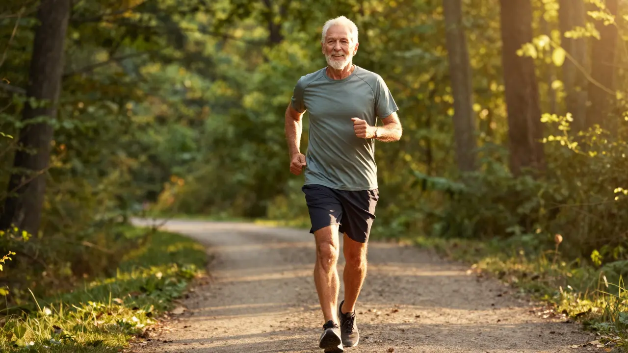 Aktivní senior chodí rychle lesní stezku za slunečného dne.