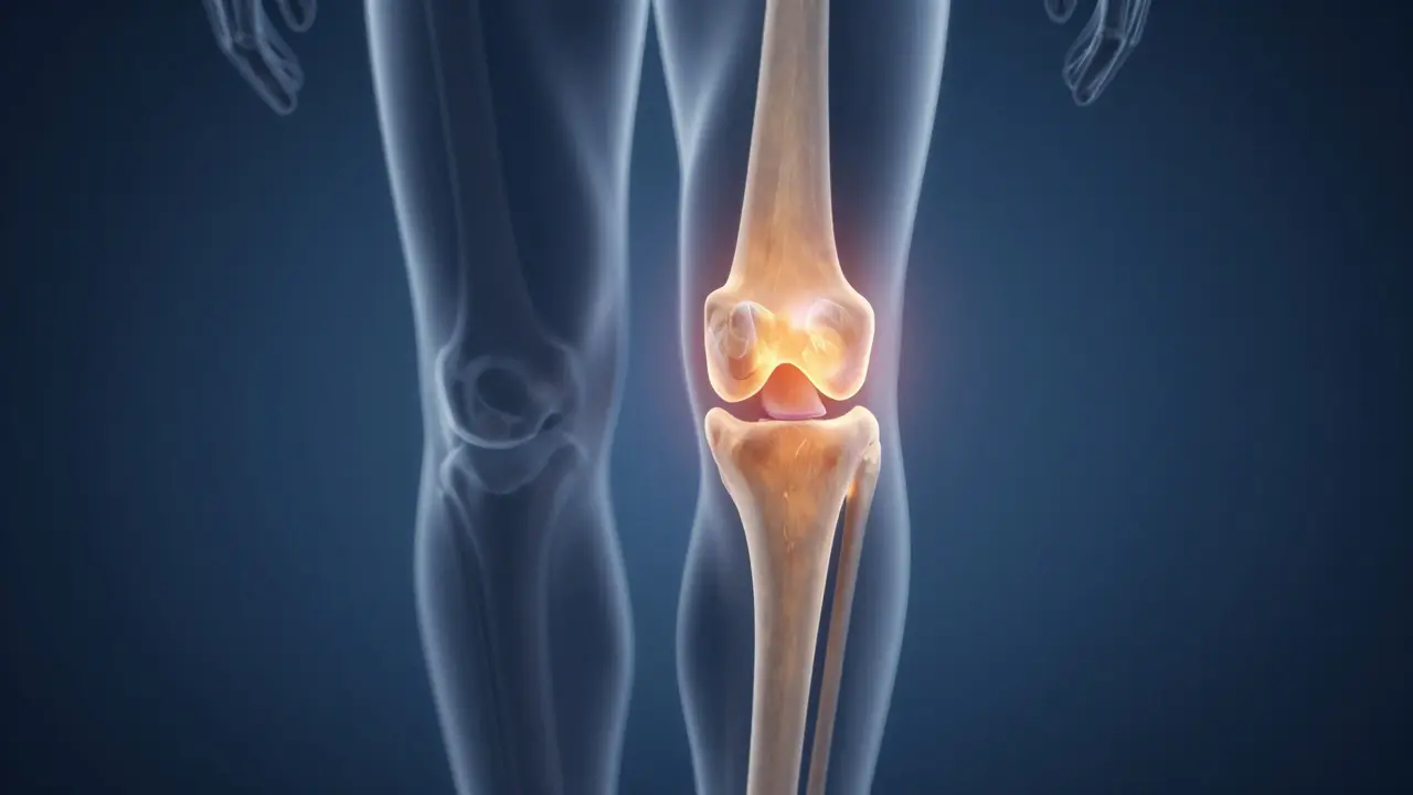 Anatomický model kolene s vyznačenými oblastmi bolesti při artrózě.