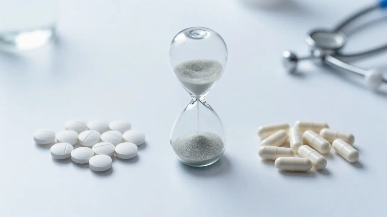 Antibiotika a probiotika oddělená přesýpacími hodinami pro znázornění časového rozestupu.