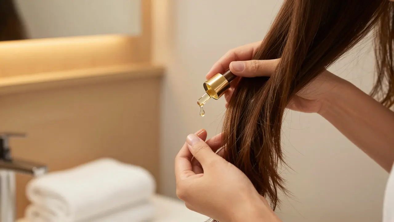 Detail rukou nanášejících olej na konce vlasů pro dosažení lesku.