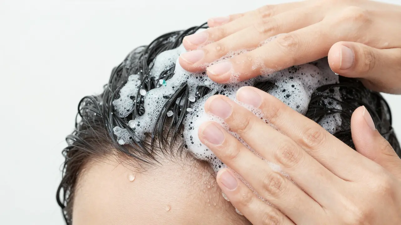 Detailní záběr na aplikaci exfoliačního peelingu na vlasovou pokožku.