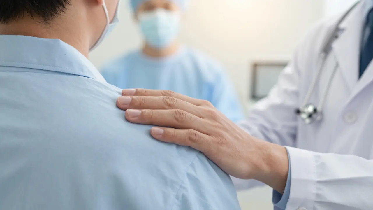 Doktor poskytující podporu pacientovi v čistém a uklidňujícím prostředí kliniky.