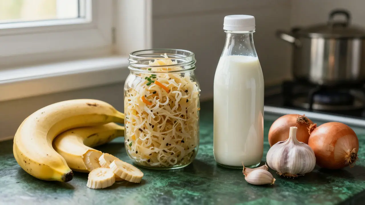 Kefir, kysané zelí, banány a česnek na kuchyňské desce.