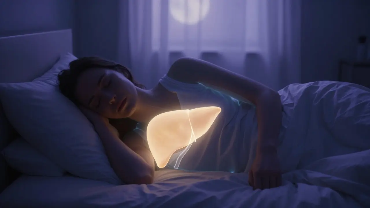 Klidně spící osoba s jemným zlatým světlem v oblasti jater symbolizujícím noční regeneraci.