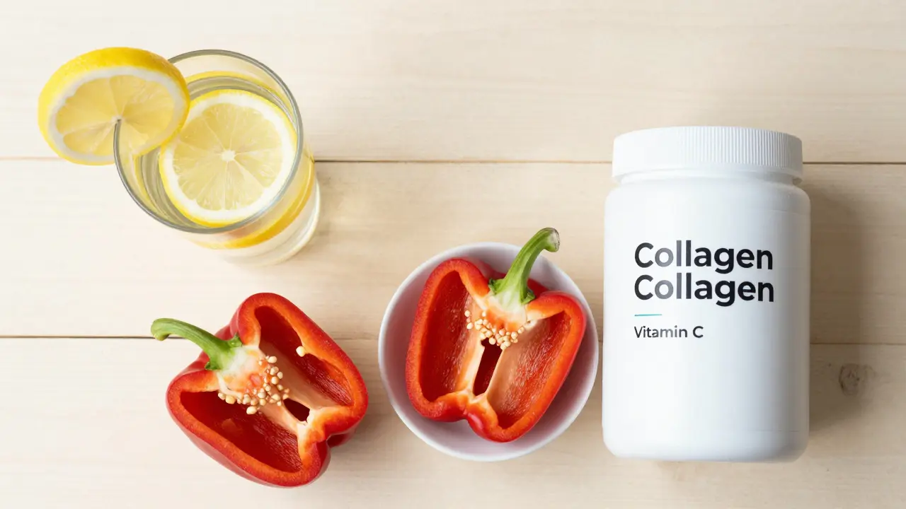 Kompozice vody s citronem, červené papriky a kolagenu pro efekt vitamínu C.