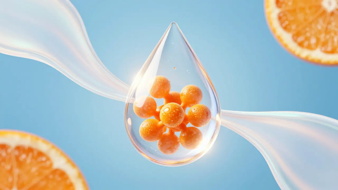 Konceptuální obraz kombinace kolagenu, vitamínu C a kyseliny hyaluronové