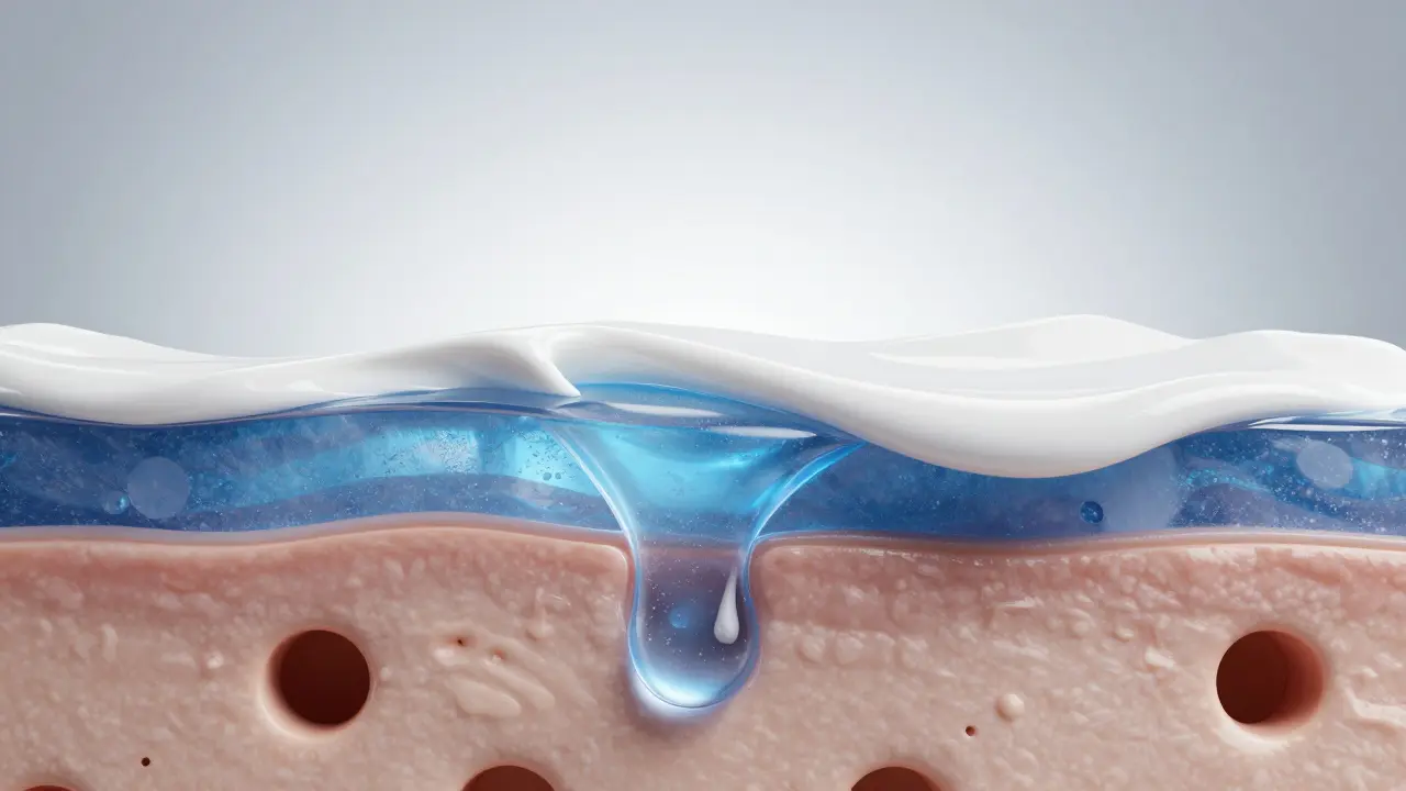 Konceptuální schéma vrstvení séra a krému na vrstvy pokožky.