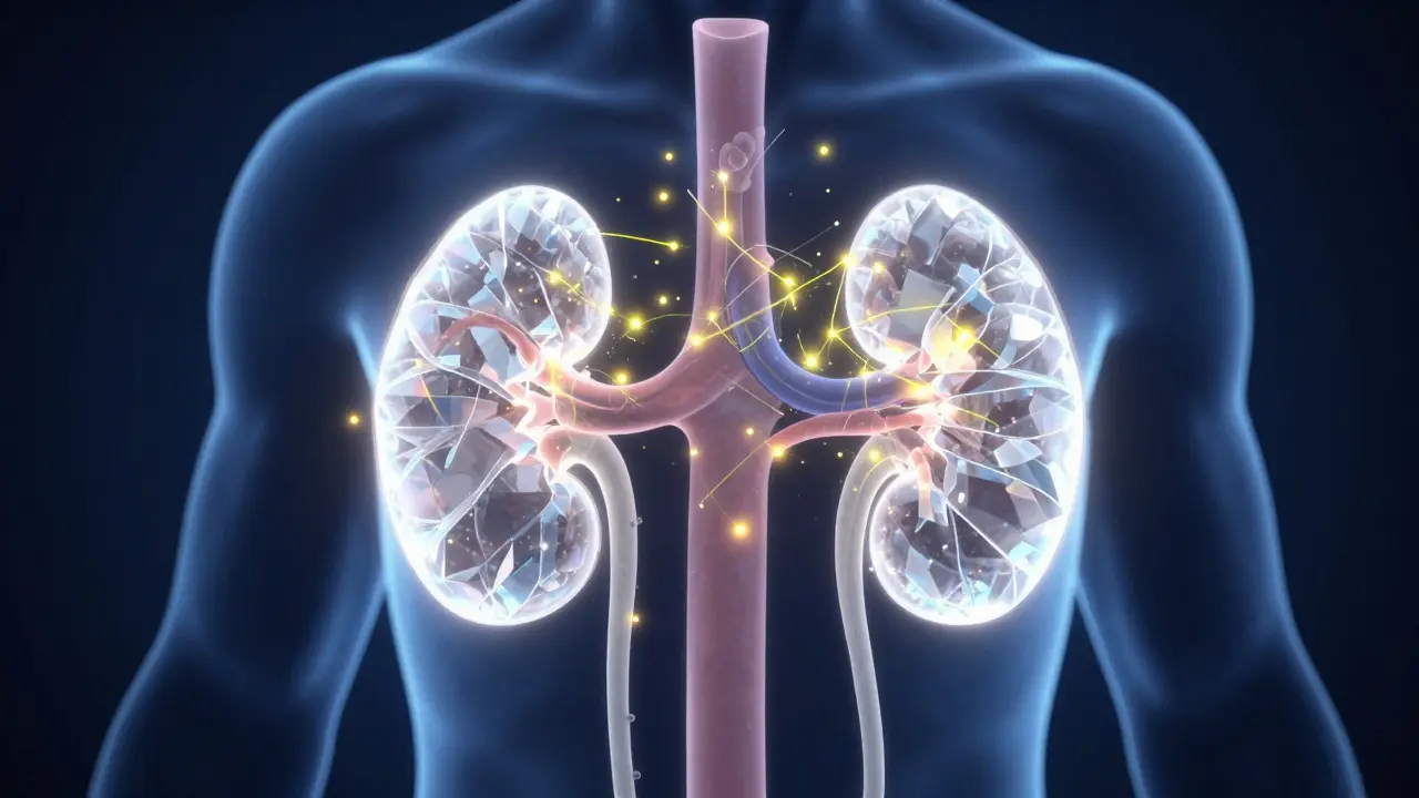 Konceptuální znázornění hromadění vápníku v ledvinách a cévách při hypercalcemii.