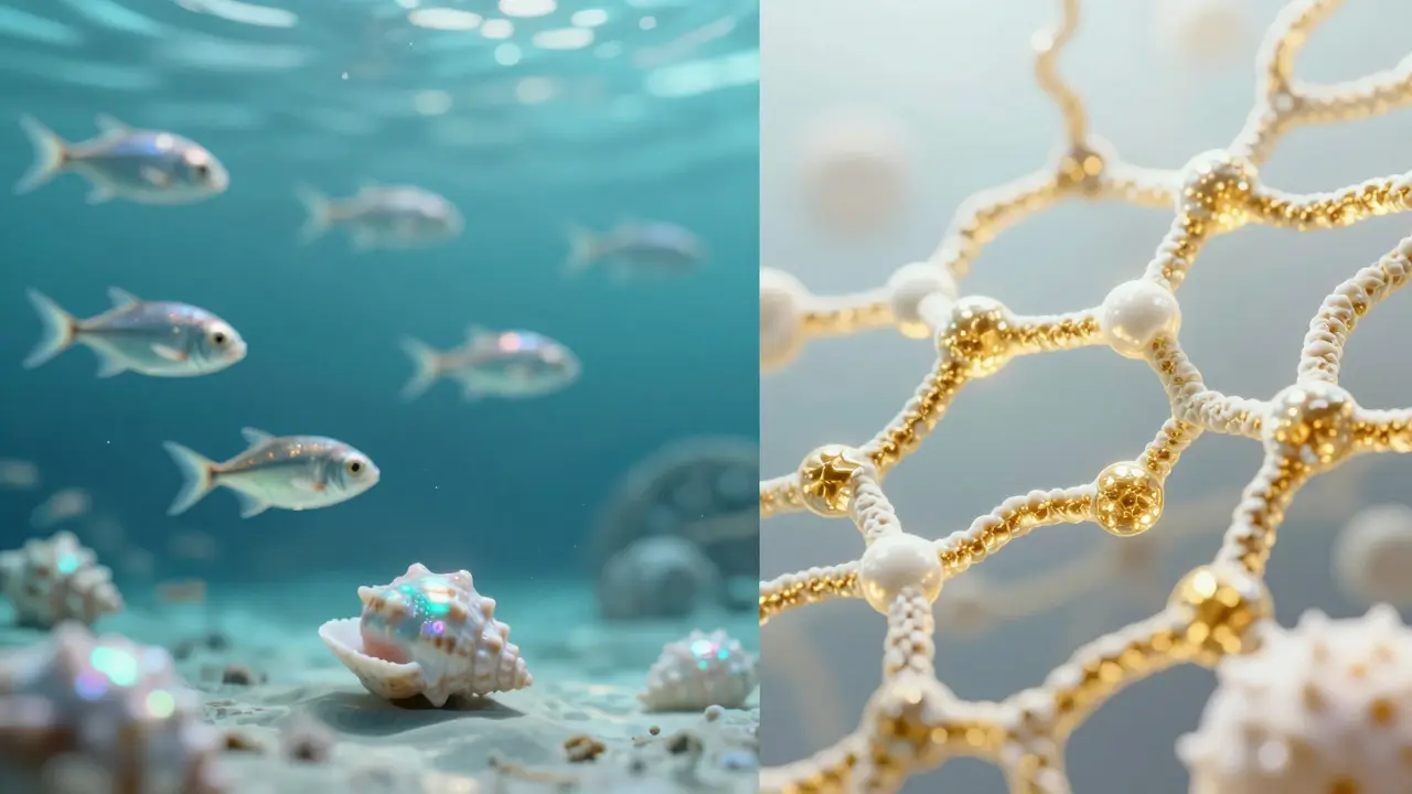 Konceptuální zobrazení mořských organismů a mikroskopické struktury kolagenových peptidů.