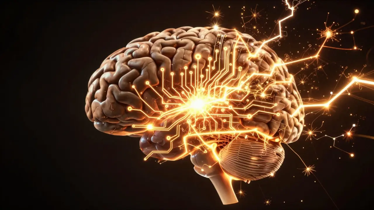 Konceptuální zobrazení mozku s chaotickými elektrickými impulzy symbolizujícími hyperaktivitu.