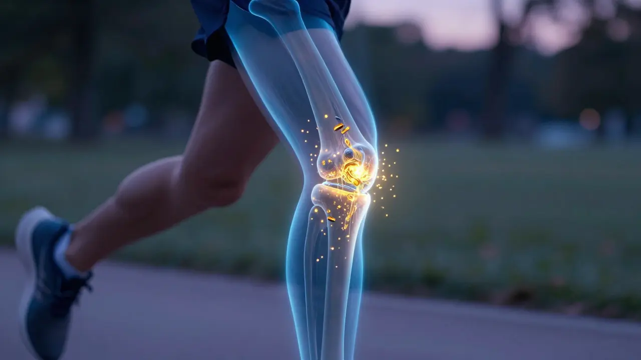 Konceptuální zobrazení vstřebávání kolagenu do kloubního chrupavého tkáně při pohybu.