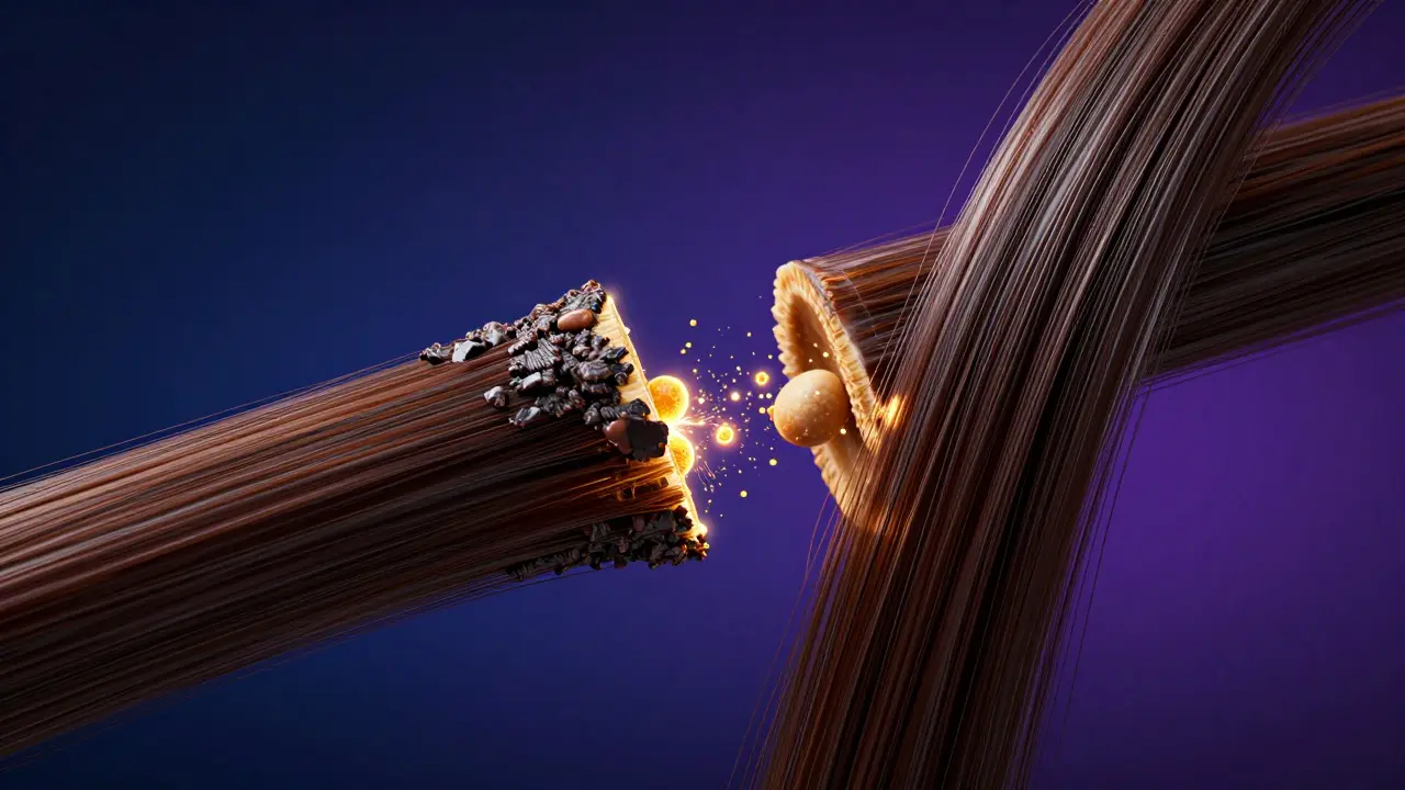 Makro vizualizace vlasového vlákna s otevřenou a uzavřenou kutikulou.