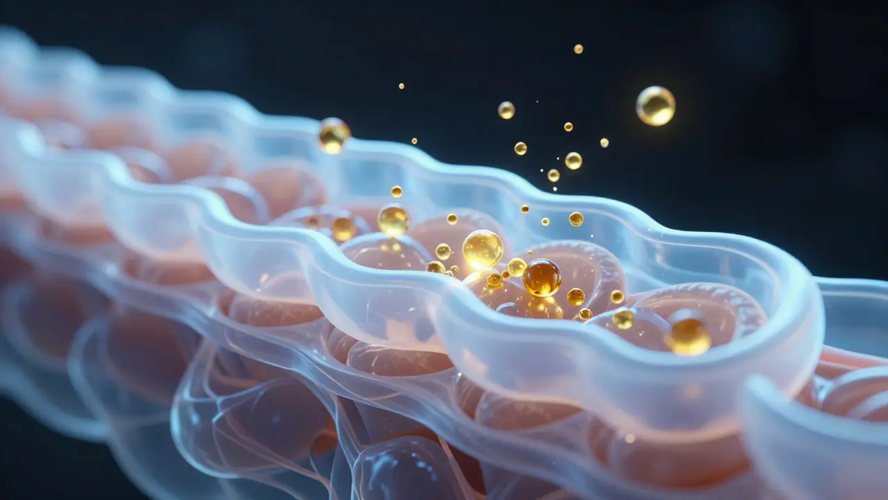 Makro záběr zdravé chrupavky s abstraktními výživnými částicemi.