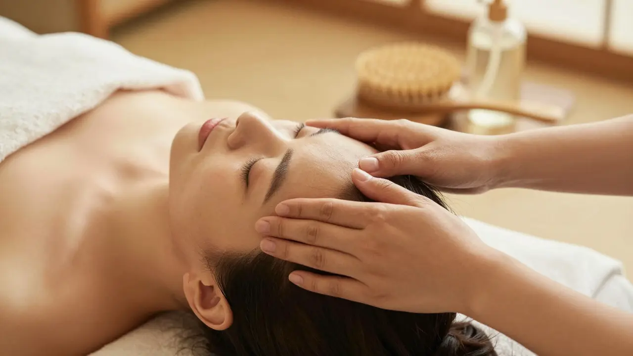 Relaxační masáž pokožky hlavy pro lepší prokrvení a růst vlasů.