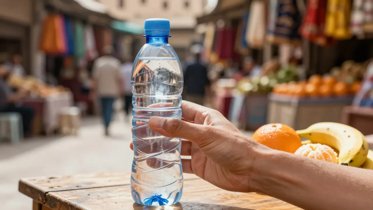 Ruka cestovatele s uzavřenou lahví vody a loupaným ovocem na pozadí egyptského bazaru.