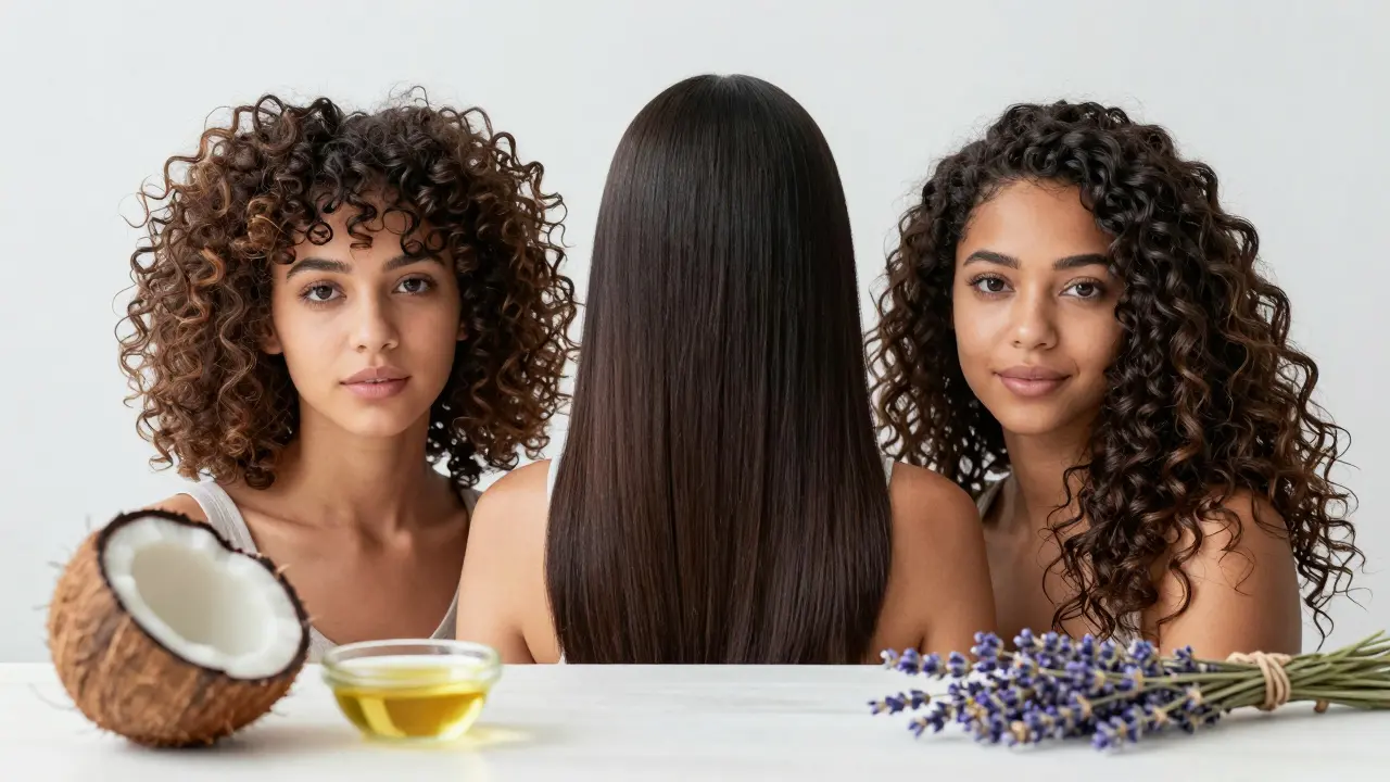 Různé typy zdravých vlasů s přírodními ingrediencemi jako kokos a arganový olej.