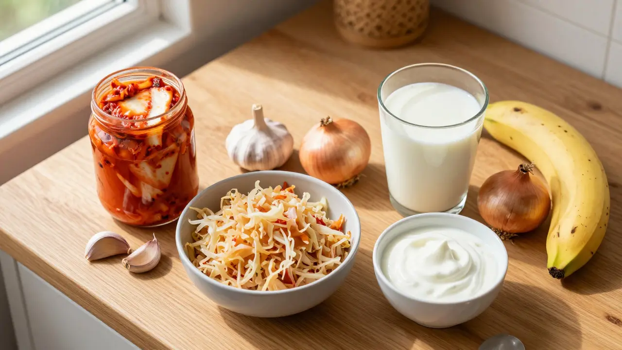 Sada fermentovaných potravin jako kimchi, kefír a kyselé zelí na dřevěném stole.