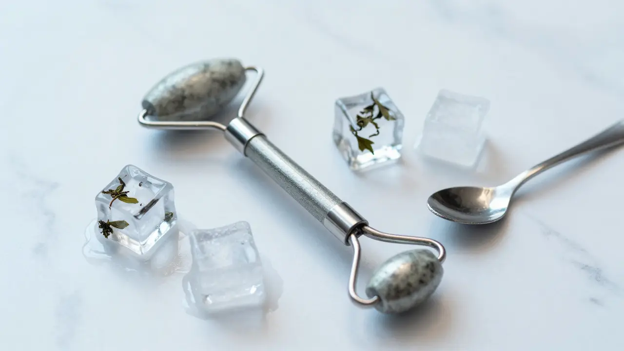 Sada nástrojů pro ledování pleti, včetně ledového válečku a lžiček na mramoru.