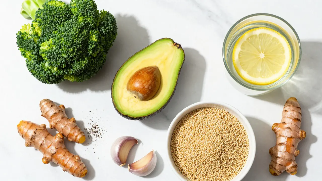 Sada potravin podporujících játra, včetně brokolic, avokáda, kurkumy a citronové vody.