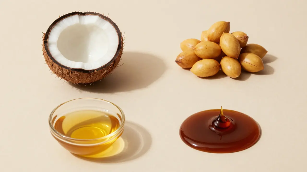 Sada přírodních surovin: kokos, arganové ořechy, jojoba a ricinový olej.