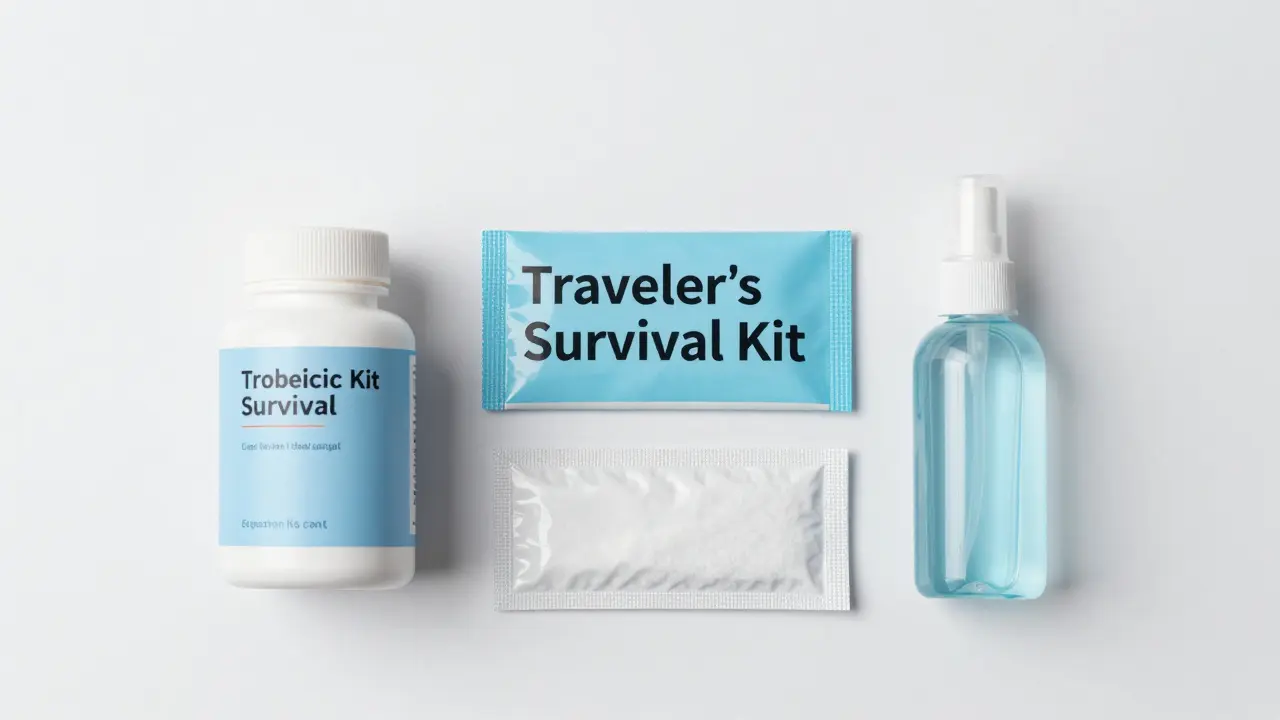 Sada pro bezpečné cestování obsahující probiotika, rehydratační roztoky a dezinfekční gel.