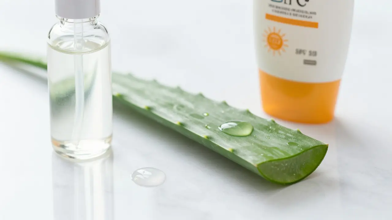 Sérum s kyselinou hyaluronovou, aloe vera a SPF ochrana na mramoru.