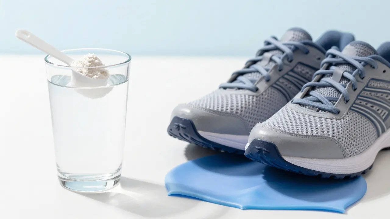 Sklenice s rozpouštěným rybím kolagenem vedle plaveckého pomalu a sportovní obuvi.