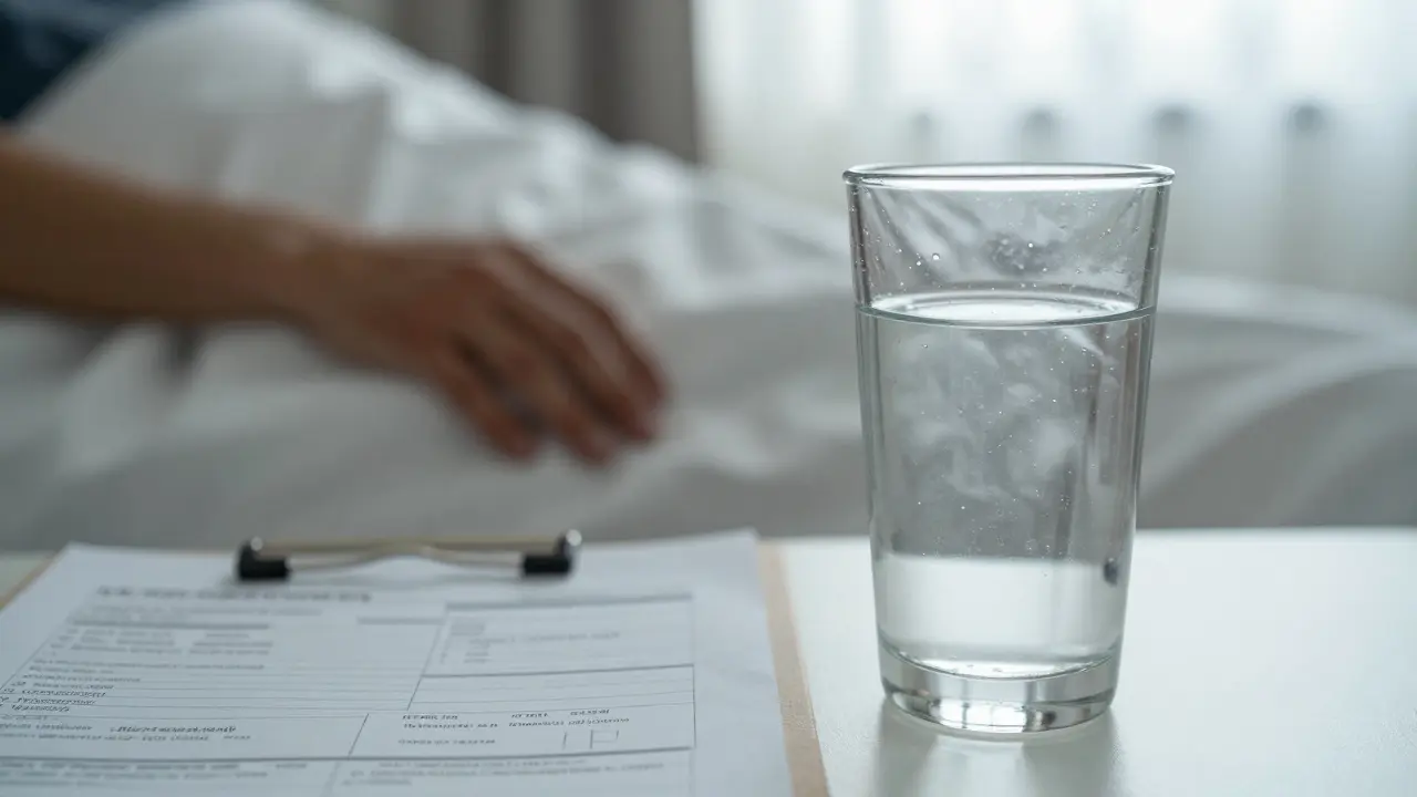 Sklenice vody a krevní test jako symboly dehydratace a diagnostiky toxicity.