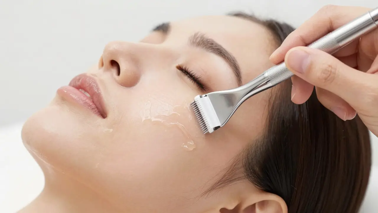 Správné držení speciální žiletky při dermaplaningu na tváři.