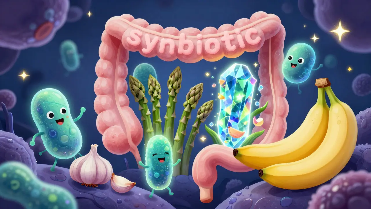 Umělecký pohled na symbiózu probiotik a prebiotických vláken v mikrobiomu.