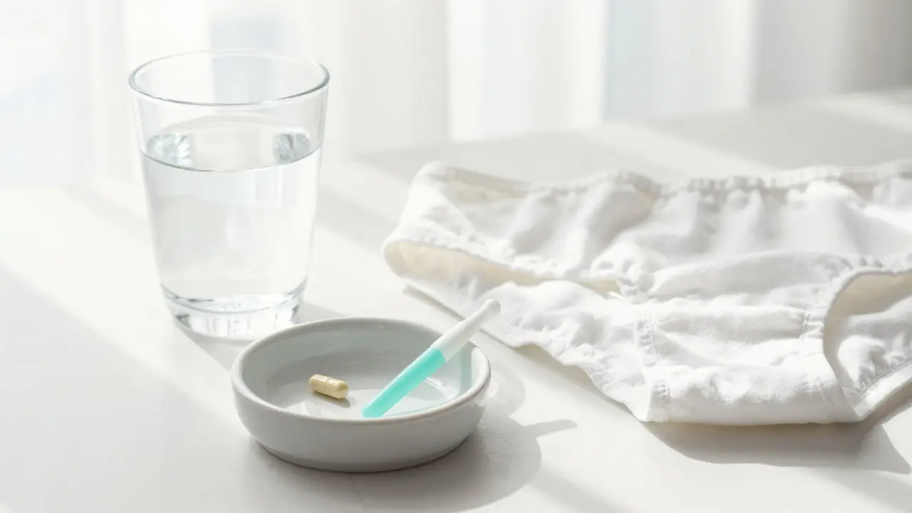 Vaginální probiotické čípky a kapsle vedle bavlněné látky.