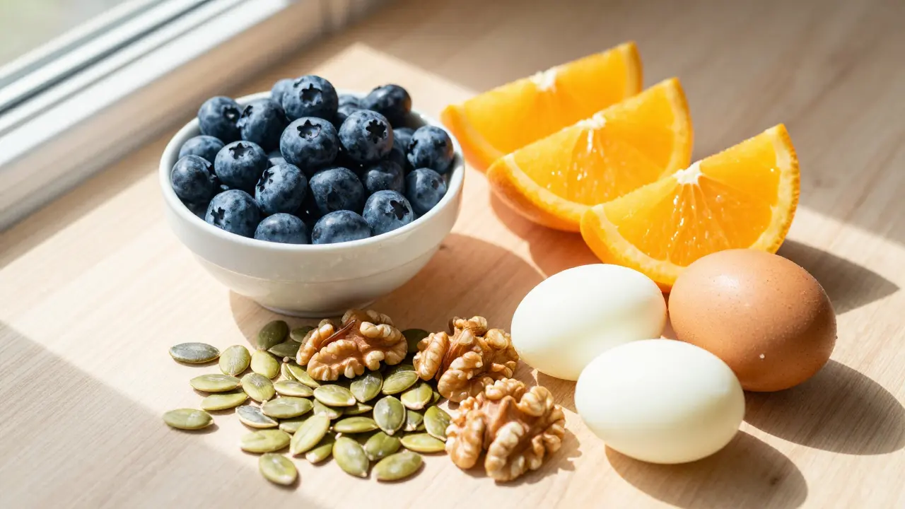 Zdravá jídla bohatá na proteiny, zinek a vitamín C pro hojení kůže.