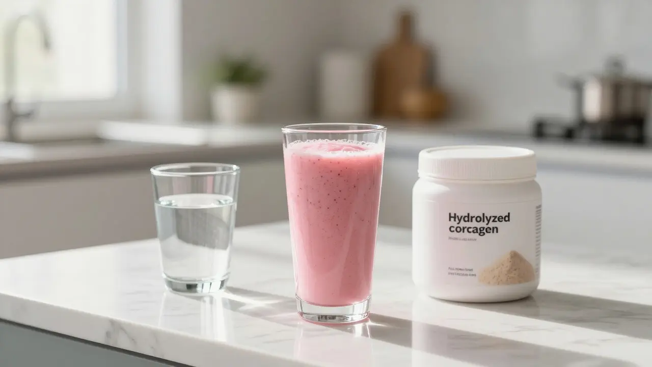 Zdravá ranní rutina s detailem sklenice smoothie a doplňkem stravy s kolagenem.