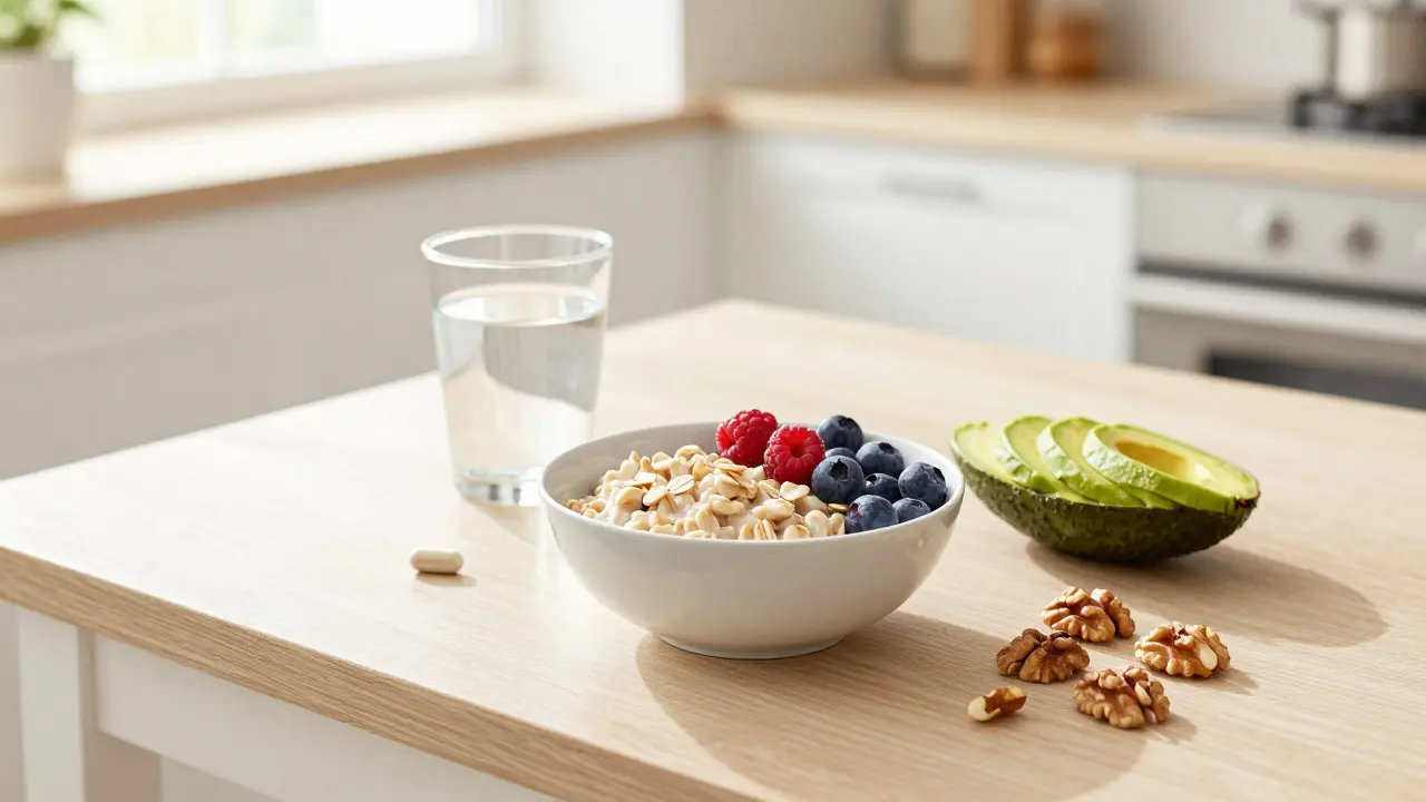 Zdravá snídaně s vločkami, avokádo a probiotická kapsle na stole.