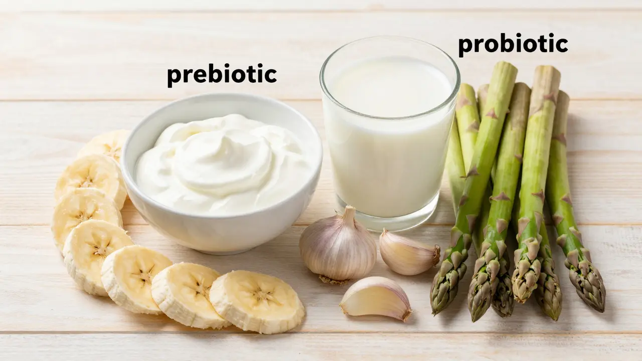 Zdravé potraviny jako jogurt, kefir, banány a chřest na stole.