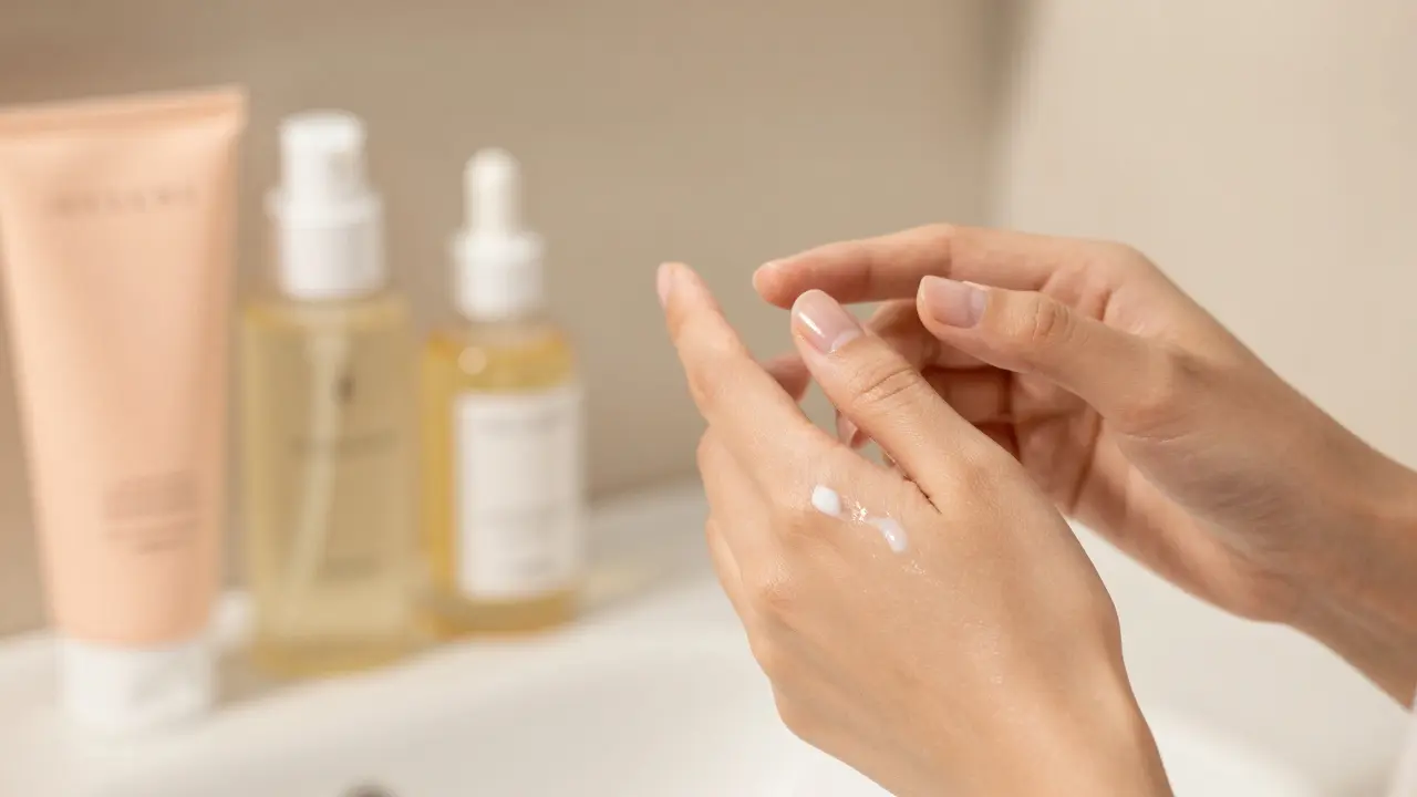 Žena nanáší hydratační krém na tvář jako poslední krok rutiny.