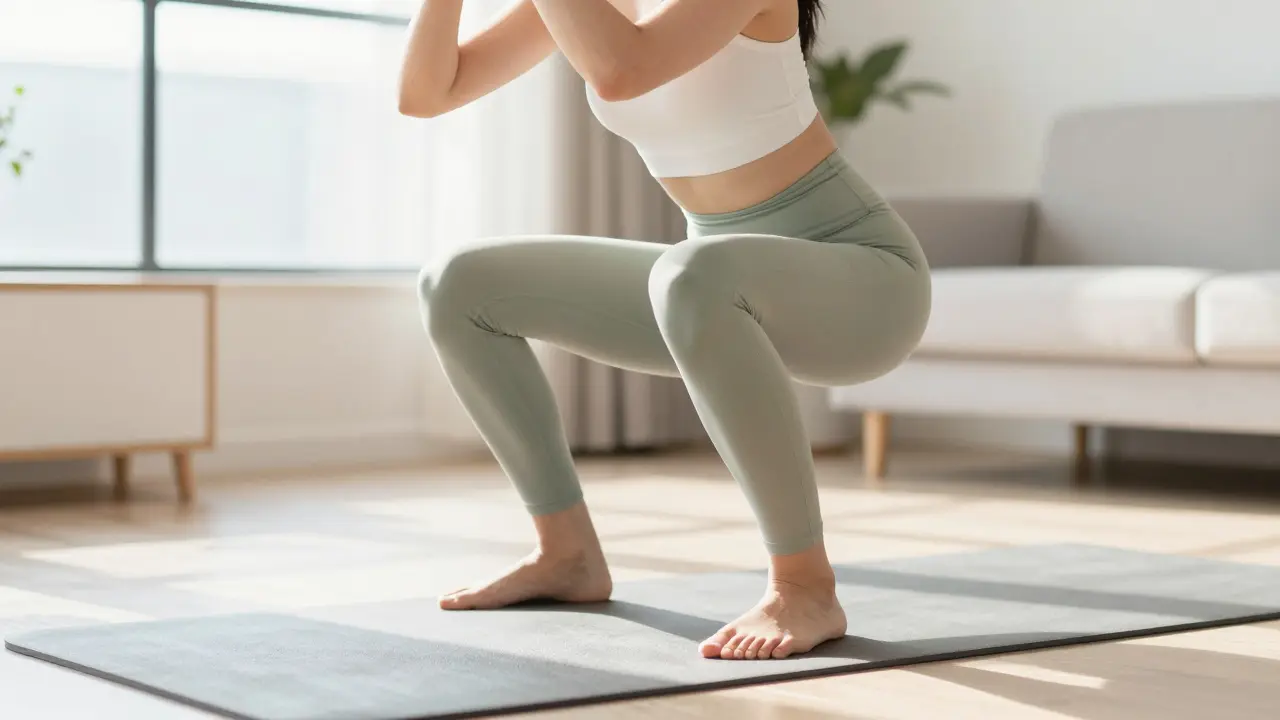 Žena provádí správně provedený dřep pro posílení svalů kolem kolen