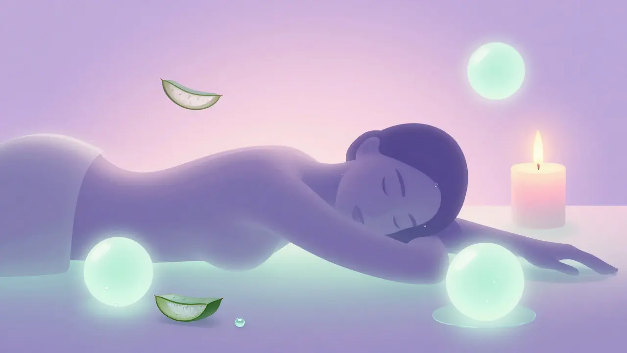 Abstraktní ilustrace relaxace a hydratace pleti s aloe verou a svící