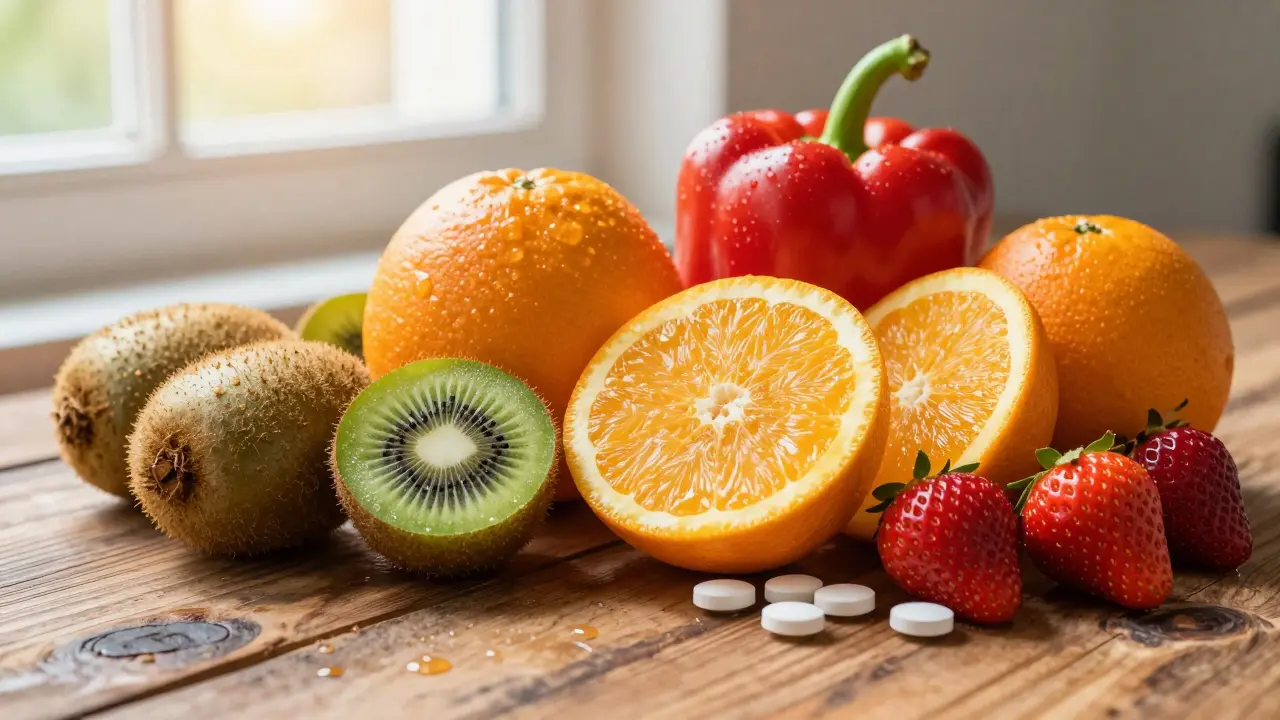 Čerstvé ovoce a zelenina bohaté na vitamín C na dřevěném stole